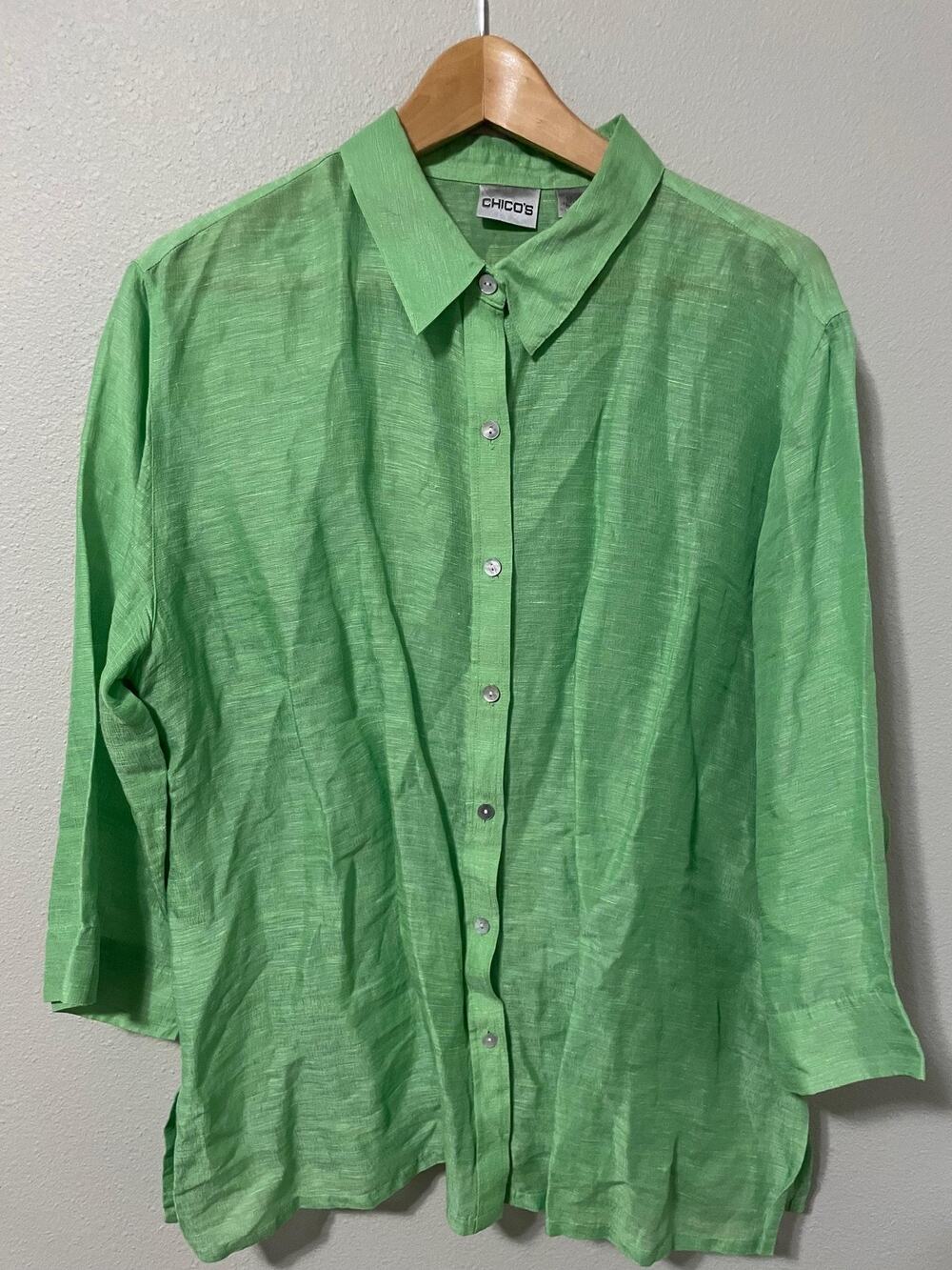 Chicos Top Womens 3 US XL Green Linen Silk Semi Sheer Button Up Lightweight Boho